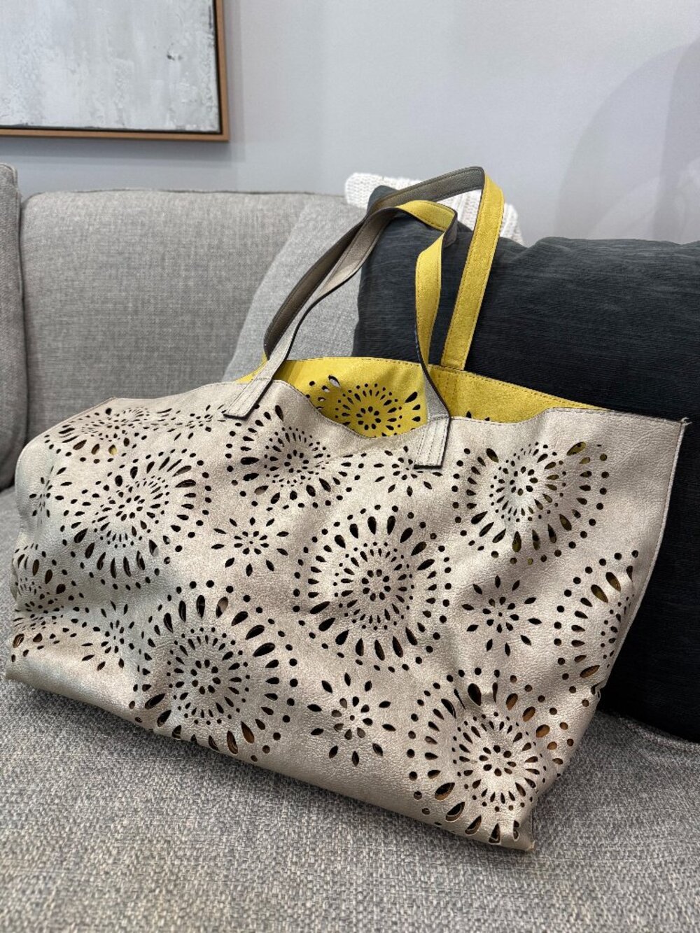 Echo Design Reversible Laser Cut Tote Bronze Metallic Yellow Mandala Handbag